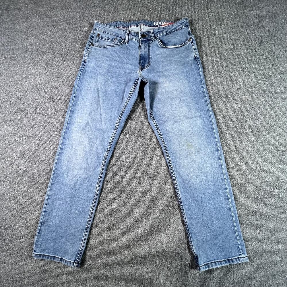 Izod Straight Jeans Men's 34x30 Blue Cotton Denim Faded Workwear Travel Stretch